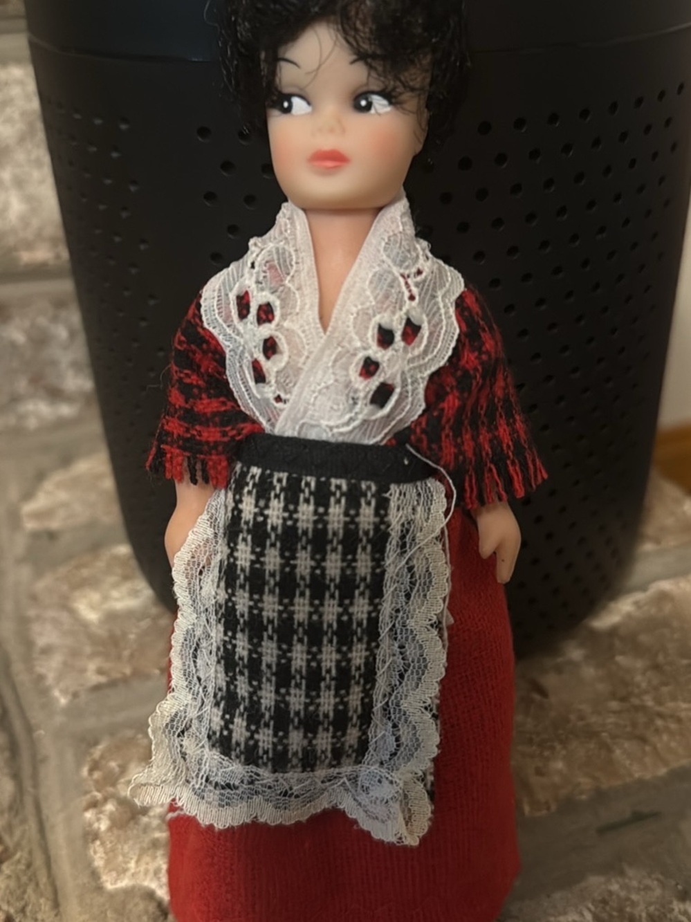 Vintage Style Red & Black Doll in Lace-Apron Dress
